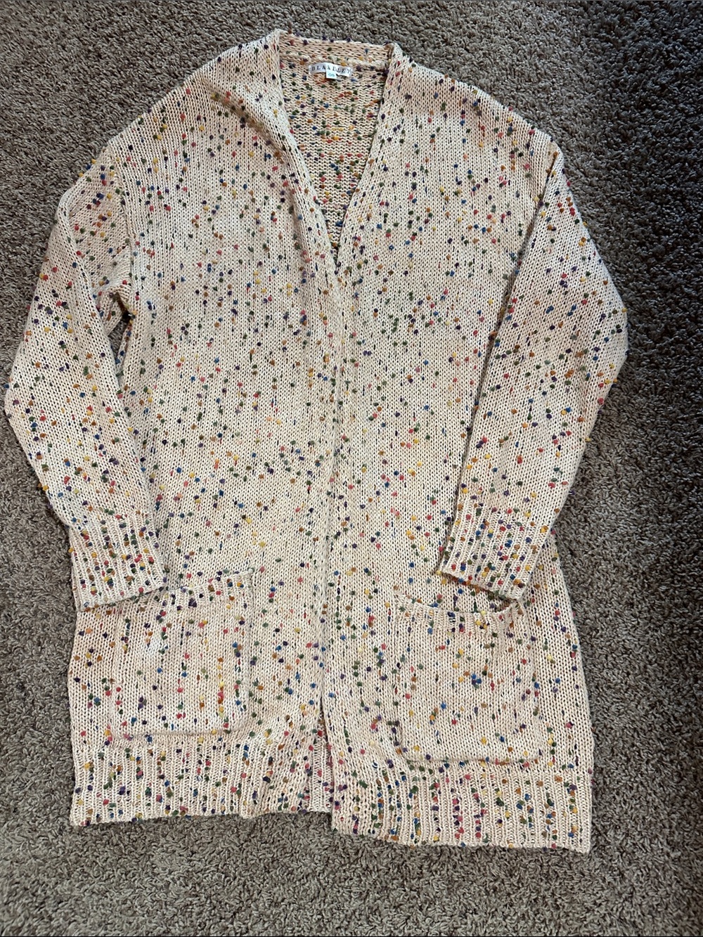 Speckled Beige Open-Front Knit Cardigan with Pockets